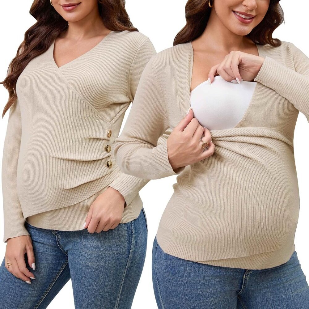 Womens Nursing Sweater Maternity Long Sleeve Top Stretchy Soft V-Neck